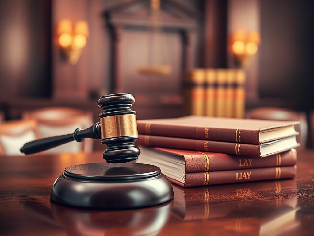 Create a high-resolution image featuring a gavel and a set of legal books on a polished wooden desk. The background should be a blurred courtroom setting, emphasizing the legal theme. The lighting should be warm and inviting, reflecting a sense of justice and professionalism. The composition should be simple and clear, focusing solely on the gavel and books without any people present.