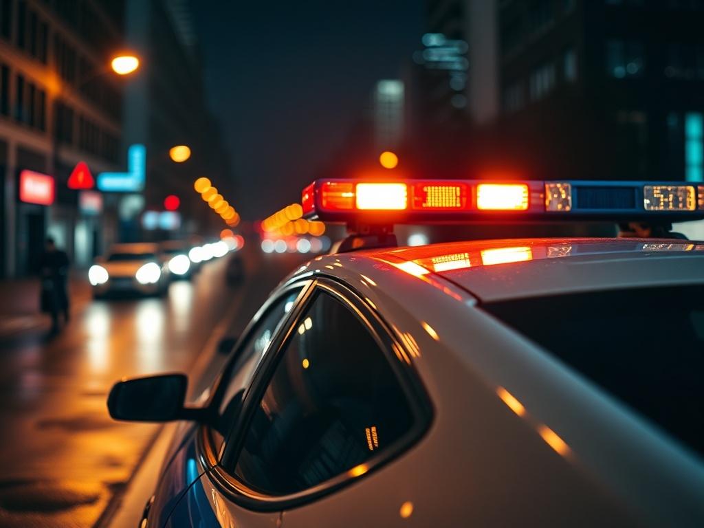 A realistic high-resolution photo depicting a close-up of a police car with flashing lights on top, parked on the side of a dimly lit street. The background should show a blurred cityscape at night, with reflections of the lights shimmering on wet pavement. The focus should be on the police lights, making them the central subject of the image, creating a sense of urgency and seriousness.