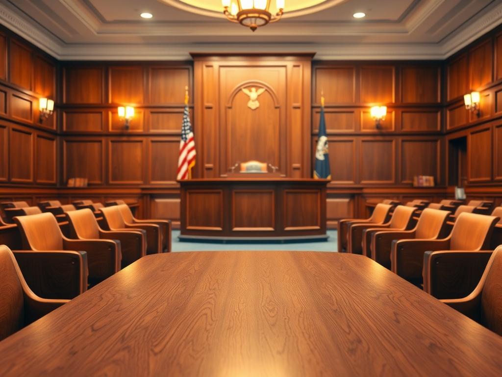 A professional and inviting courtroom scene, showcasing a well-lit interior with wooden benches and a judge's bench. The focus should be on an empty attorney's table, symbolizing readiness and confidence. The background should feature the American flag and legal books, creating a sense of authority and professionalism. The color scheme should harmonize with the primary color rgb(251, 203, 7), adding warmth and positivity to the atmosphere.