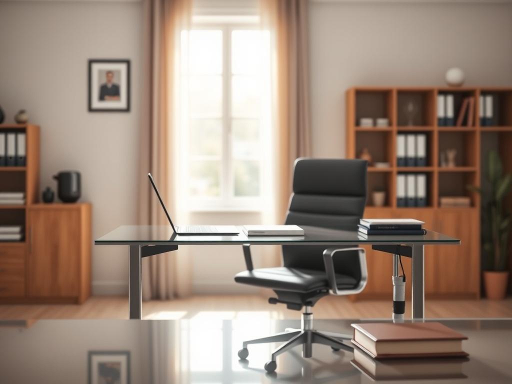 A serene office setting with a desk and chair, featuring a neatly organized workspace with legal documents and a laptop. The background should have a soft focus, highlighting a window with natural light streaming in. The color palette should incorporate elements of the primary color, rgb(251, 203, 7), to create a warm and inviting atmosphere.
