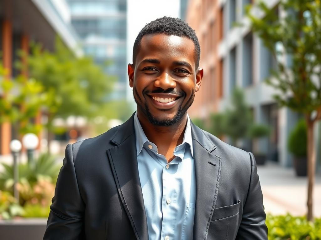 A cool, smart black man standing outside in a professional yet relaxed pose. He is wearing a stylish suit with a confident smile, showcasing his personality. The background features a vibrant urban setting with greenery and modern architecture, representing a blend of professionalism and approachability. The lighting is natural, enhancing his features, and the overall composition is clear and focused on the subject.