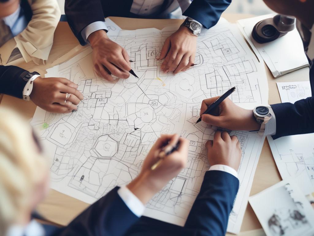 A close up of a diverse group of investors brainstorming