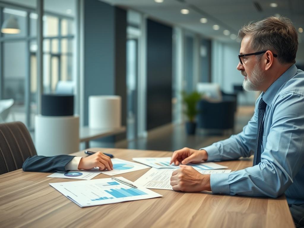 A financial consultant discussing risk assessment strategies with a client in a modern office setting. The image should focus on the interaction, with charts and documents on the table, symbolizing the importance of compliance in asset management. The atmosphere should feel collaborative and professional.