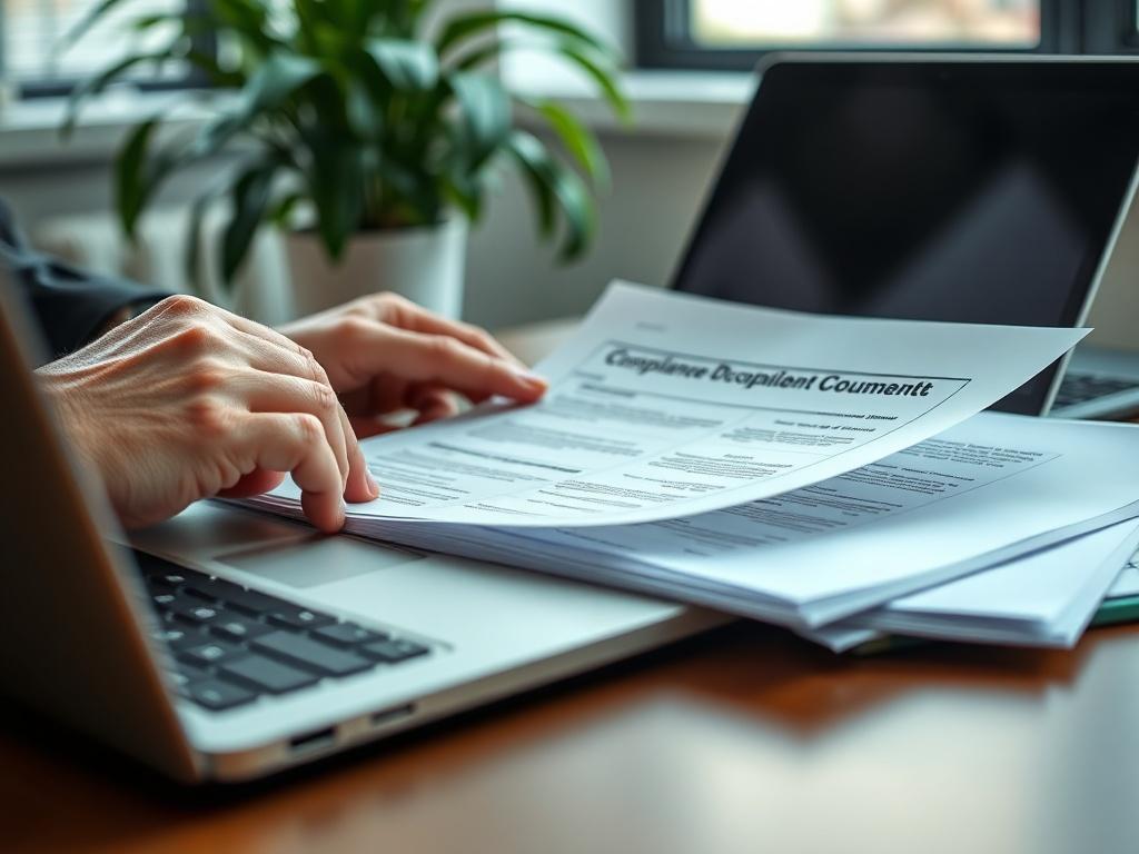 A close-up shot of a professional setting with a person reviewing compliance documents on a desk, with a laptop open and a plant in the background. The image should be hyper-realistic, showing clear details of the documents and the workspace, optimized with a green color scheme.
