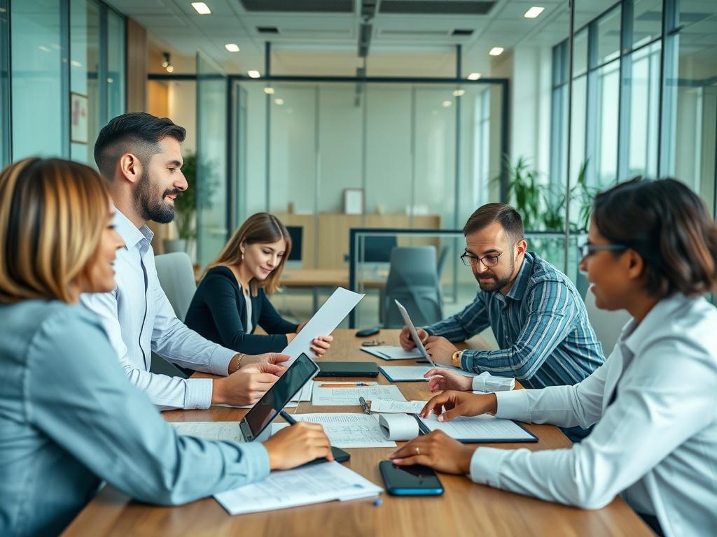 A close-up shot of a team meeting in a modern office, discussing compliance strategies with documents and digital devices on the table. The image should be hyper-realistic, showcasing teamwork and professionalism while maintaining a green color theme.
