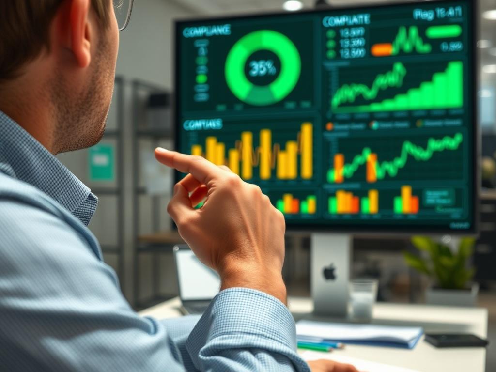 A close-up shot of a person analyzing data on a large screen in an office. The background shows charts and graphs related to compliance and monitoring, with a modern and professional aesthetic, rendered in hyper-realistic style and green colors.