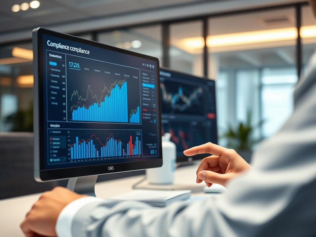 A close-up shot of a financial professional analyzing compliance data on a digital screen, with a focus on graphs and metrics. The background is a sleek office environment with soft lighting, creating a professional atmosphere. The image should emphasize clarity and detail, showcasing the importance of monitoring in asset management.