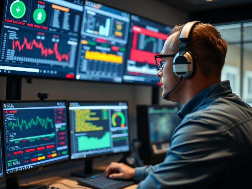 A high-resolution image of a security analyst monitoring asset activity on multiple screens in a control room. The focus is on the screens displaying data and alerts, emphasizing the importance of security in asset management. The setting should feel modern and high-tech.