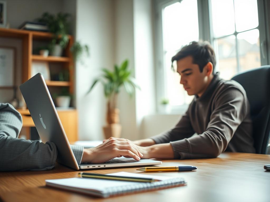A close-up shot of a focused freelancer working on a laptop in a cozy home office environment. The desk is neat, with a notepad and pen beside the laptop. Soft natural light filters through a nearby window, creating a warm and inviting atmosphere. The freelancer is engaged in thoughtful work, showcasing a sense of determination and professionalism. The background is slightly blurred to emphasize the subject, with a color palette that harmonizes with the primary color rgb(251, 209, 52).