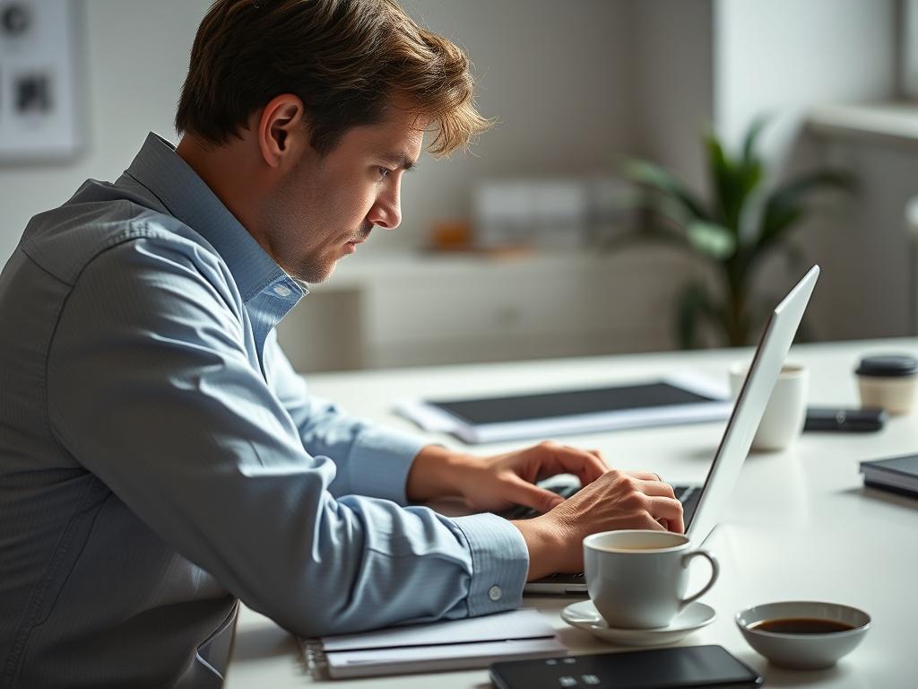 A close-up shot of a professional working on a laptop, focused on digital marketing strategies and Upwork bidding. The background should be a modern workspace with minimal distractions, showcasing a clean desk, a notepad, and a cup of coffee. The lighting is soft and natural, highlighting the concentration and determination of the individual. The overall composition reflects productivity and professionalism, capturing the essence of digital marketing and freelance success.