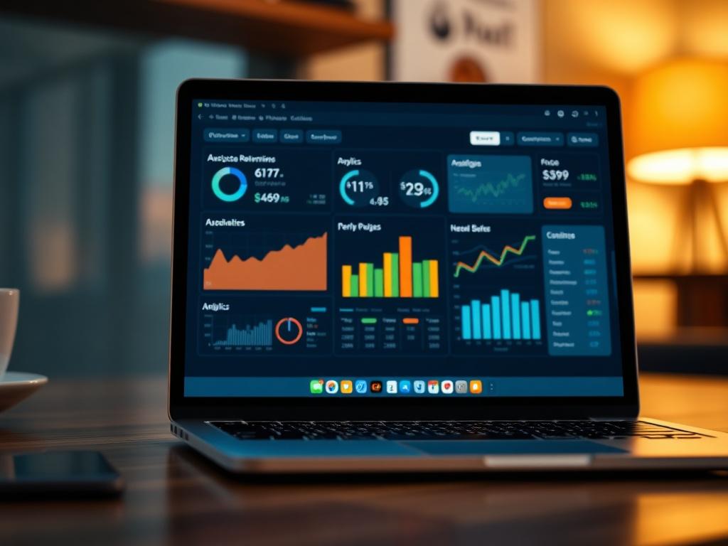 A close-up shot of a professional-looking email marketing dashboard on a laptop screen, showcasing performance metrics and analytics. The background is softly blurred to emphasize the laptop, with warm lighting creating an inviting workspace atmosphere. The composition should be simple and clear, focusing solely on the laptop and its screen. The primary color scheme should incorporate elements of rgb(251, 209, 52) to align with the brand's identity.