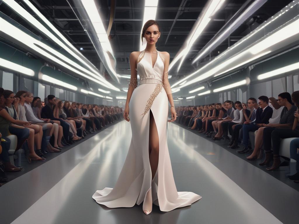 A glamorous ramp model showcasing high fashion attire, striking a