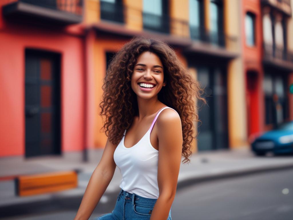 A stunning young woman in a stylish outfit, smiling and