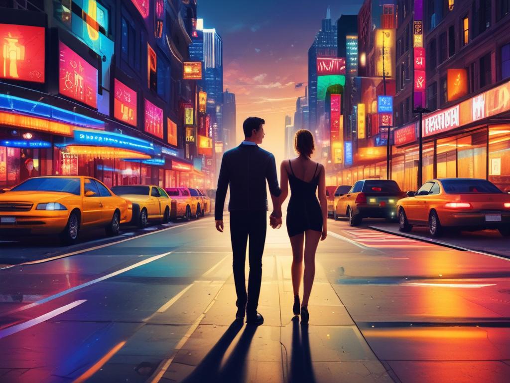 A lively outdoor nightlife scene with a stylish female escort