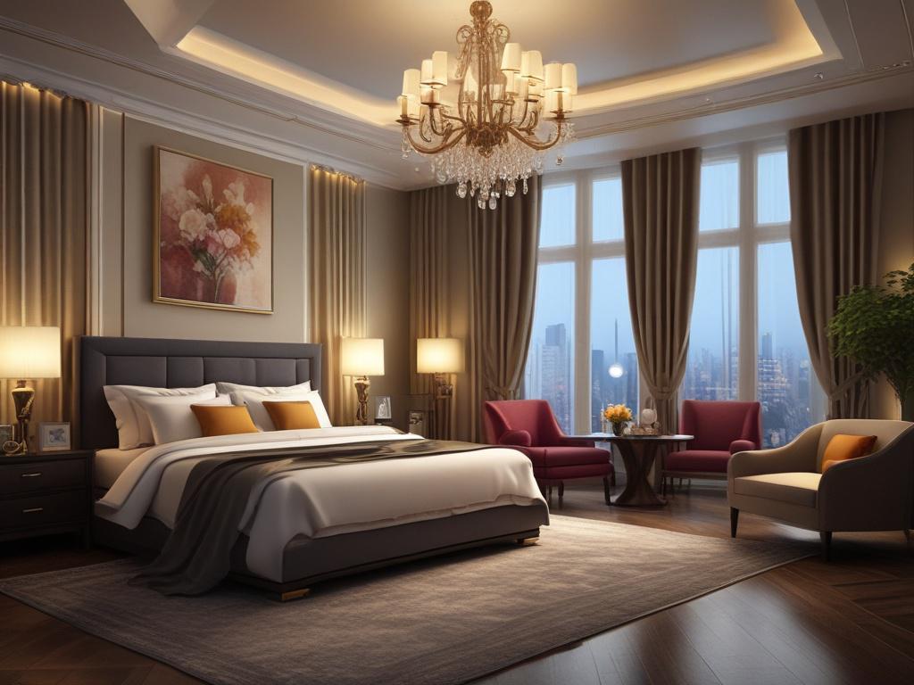 A luxurious hotel room with soft lighting, showcasing an elegant
