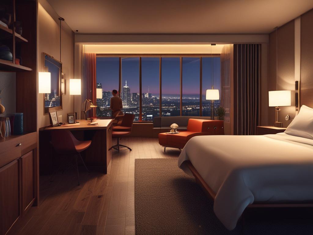 A dimly lit, intimate hotel room with soft music playing