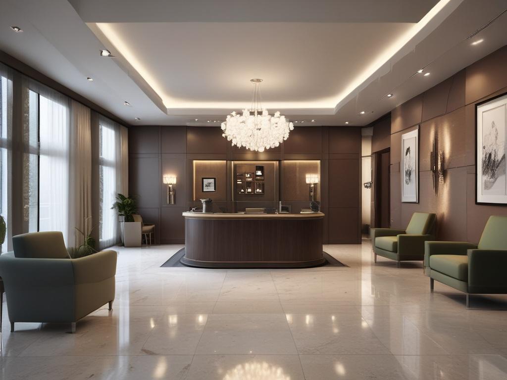 An elegant reception area with a concierge assisting a client,