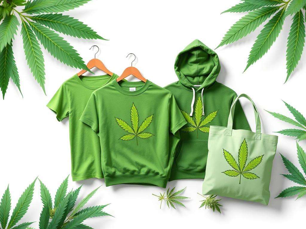 A high-resolution image of customizable cannabis-themed merchandise displayed on a clean, white background. The items include a trendy t-shirt, a cozy hoodie, and a stylish tote bag, each featuring eye-catching designs and vibrant colors.