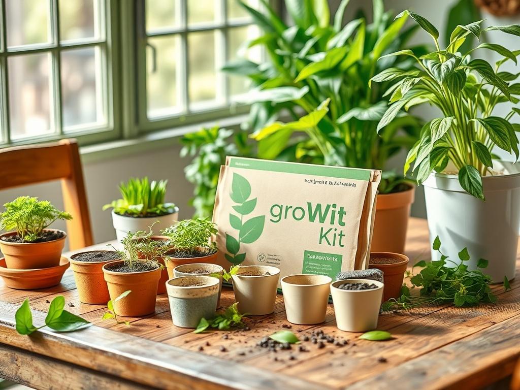 An inviting image showcasing an eco-friendly growing kit laid out on a rustic wooden table. The kit includes biodegradable pots and organic soil, surrounded by lush green plants, with natural sunlight filtering in to create a warm atmosphere.