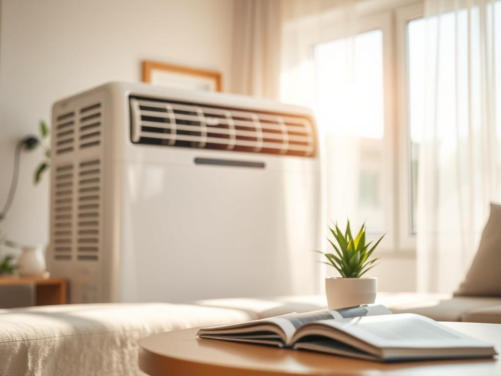 Create a realistic high-resolution photo focusing on a well-maintained indoor air conditioning unit placed in a bright, airy living room. The air conditioning unit should be the single subject of the image, displaying a clean and modern design, with the air vents slightly open as if it’s actively blowing air. The background should feature a softly blurred view of a sunlit window with light streaming in, casting gentle shadows across the room, creating a warm and inviting atmosphere. 

In the foreground, inc