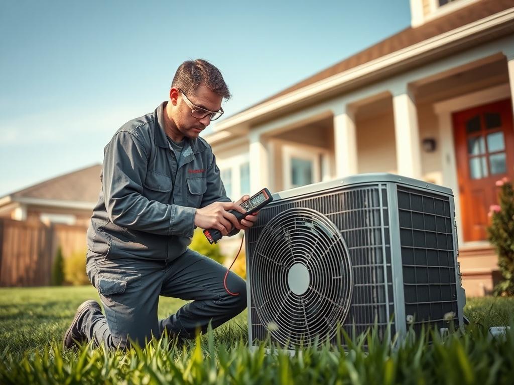 **AI Image Generation Prompt:**

Create a realistic high-resolution photo featuring a single HVAC technician inspecting a residential heating and cooling unit in a pleasant suburban home. The technician, wearing a branded uniform and safety goggles, should be focused on examining the internal components of the unit, showcasing tools such as a multimeter in hand. 

The setting is a well-maintained backyard with a clear blue sky overhead, and the air conditioning unit prominently displayed in the foreground. 