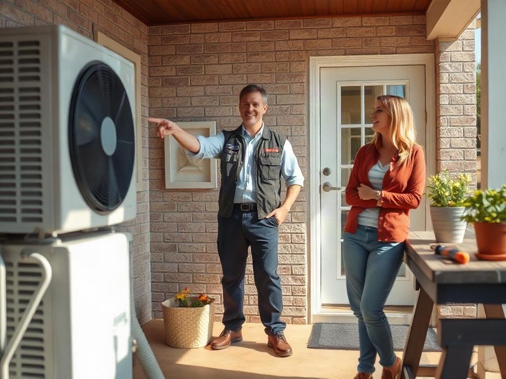 Create a realistic high-resolution photo that captures the essence of choosing an HVAC company for the blog titled "How to Choose an HVAC Company in OKC Without Getting Burned." Focus on a confident, professional-looking HVAC technician standing beside a modern air conditioning unit in a well-lit residential setting. The technician should be engaged in conversation with a satisfied homeowner, pointing towards the AC unit, symbolizing trust and transparency. 

The background should feature a clean and inviti