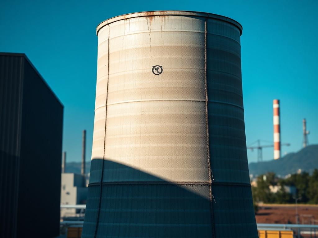 Create a realistic high-resolution image of a cooling tower prominently displayed in the foreground. The cooling tower should be cylindrical, showcasing its exterior texture, which reflects a weathered but functional look. Use natural lighting to highlight the details, with sunlight casting subtle shadows that add depth to the image. 

In the background, include a serene industrial landscape featuring faint silhouettes of buildings and trees, ensuring they are blurred enough to keep the focus on the cooling