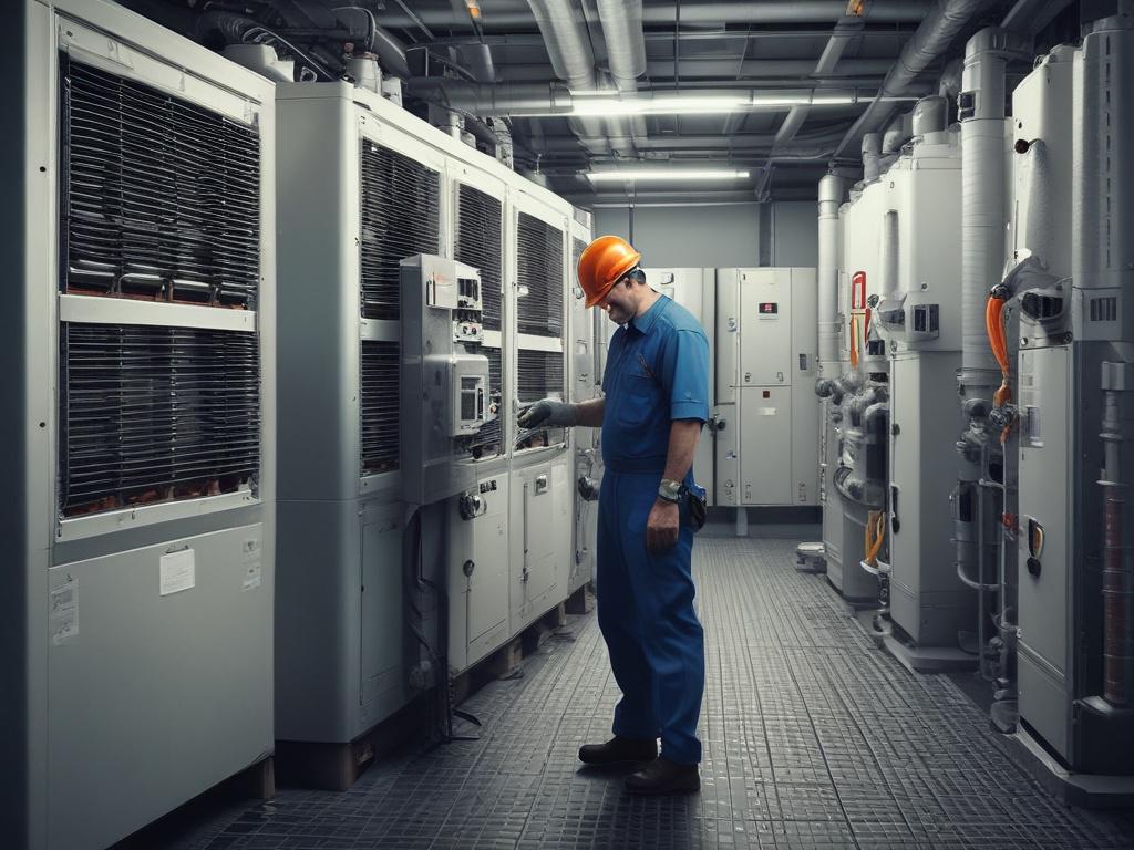 Create a realistic high-resolution photo featuring a skilled HVAC technician examining a large commercial chiller unit in a well-lit mechanical room. The technician, a middle-aged Caucasian man, should be focused and attentive as he inspects the chiller’s components, displaying a thoughtful expression. The technician wears a professional uniform, including a cap and tool belt, showcasing essential tools like a multimeter and wrench positioned nearby. 

The background should be clean and organized, with clea