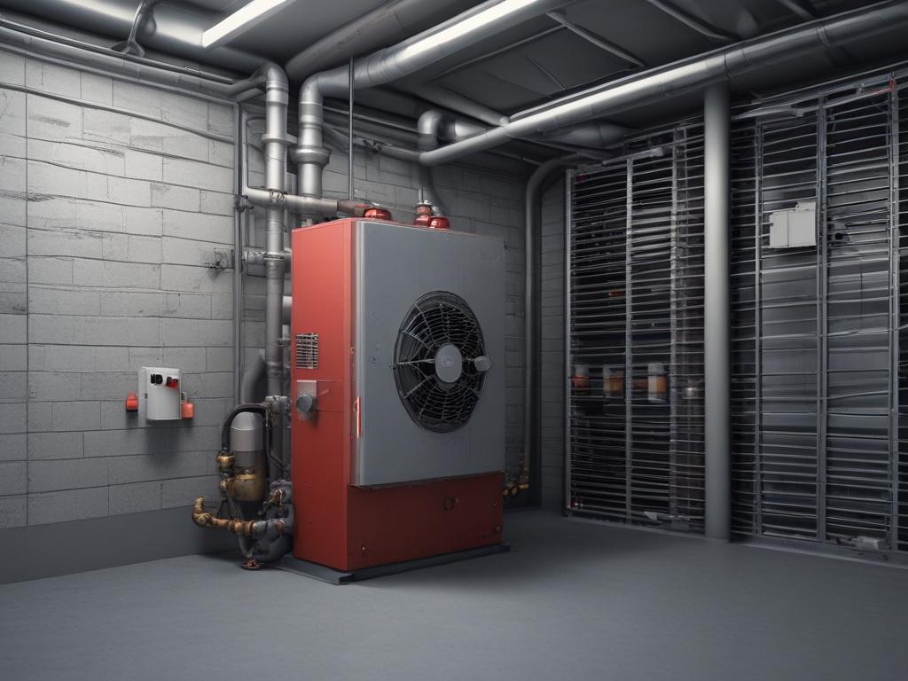 Create a realistic high-resolution image focused on a commercial heating unit in a well-maintained mechanical room. The composition should be simple and clear, featuring a single commercial heating system prominently in the center. The heating unit should be detailed, showcasing various components such as pipes, valves, and control panels.
In the background, include elements that emphasize a maintained environment, like clean walls and organized tools, to create a sense of professionalism and upkeep. The l