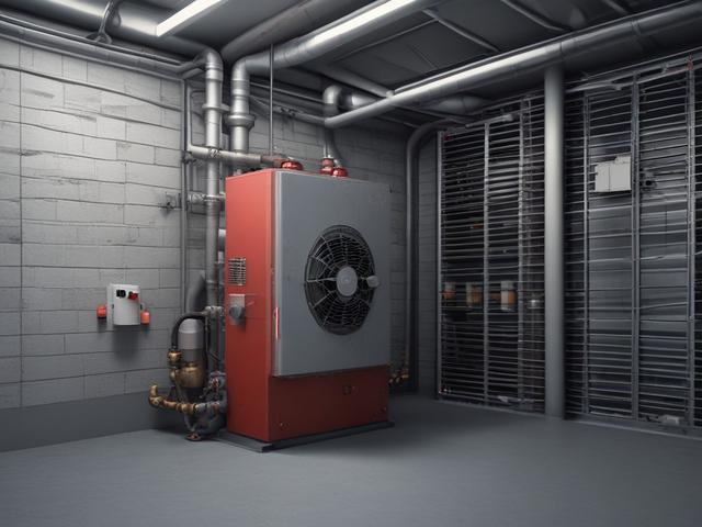 Create a realistic high-resolution image focused on a commercial heating unit in a well-maintained mechanical room. The composition should be simple and clear, featuring a single commercial heating system prominently in the center. The heating unit should be detailed, showcasing various components such as pipes, valves, and control panels.

In the background, include elements that emphasize a maintained environment, like clean walls and organized tools, to create a sense of professionalism and upkeep. The l