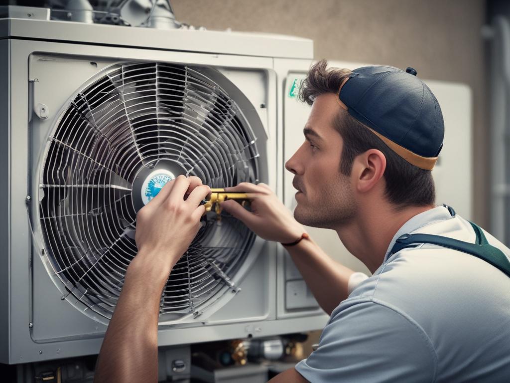 Create a highly detailed, realistic high-resolution photo illustrating an HVAC technician working on an air conditioning unit. The focus should be on the technician, a mid-30s Caucasian male wearing a blue uniform and safety goggles, kneeling beside the outdoor condenser unit. He is inspecting the unit, highlighting the diagnostic tools in his hands, such as a multimeter and a wrench. 

The background should consist of a suburban Oklahoma City neighborhood with a clear sky, showcasing a few residential home
