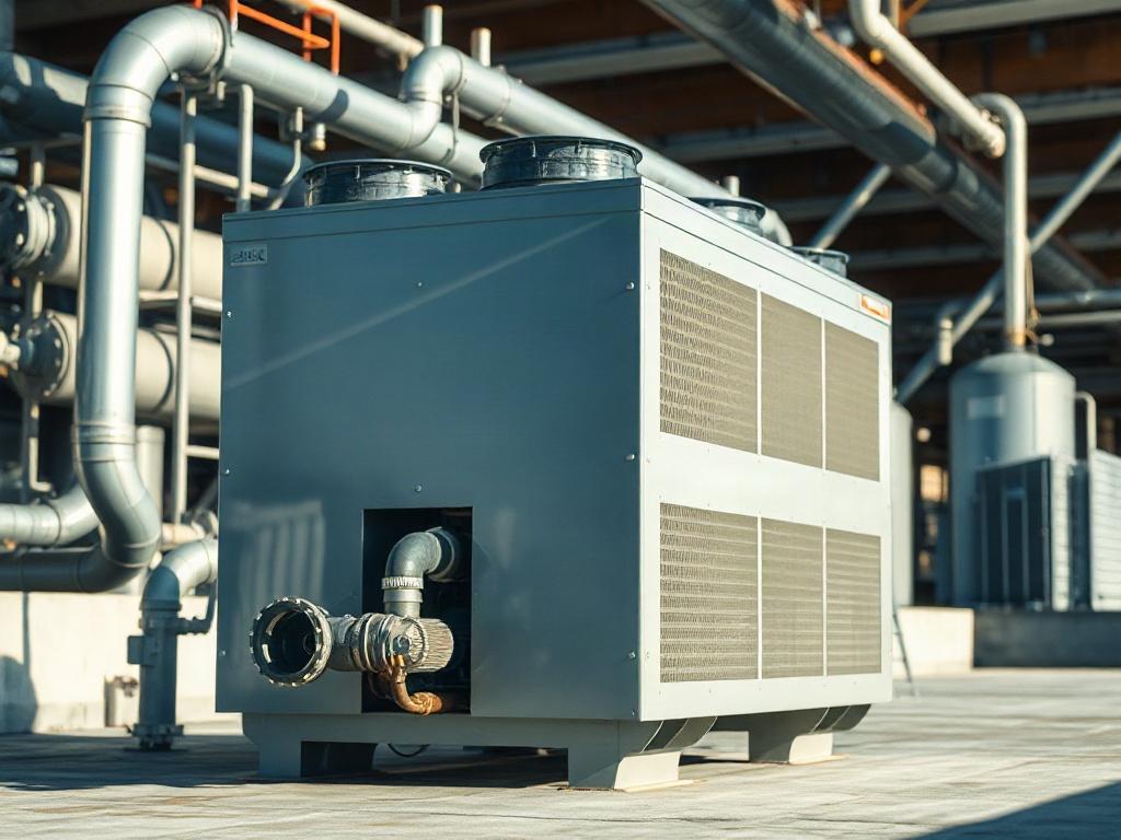 Create a realistic high-resolution photo that illustrates the theme of "York Chiller Maintenance Mistakes That Can Shut Down a Business." The image should feature a single, well-maintained York chiller unit as the main subject, prominently displayed in the foreground. The chiller should be depicted with its metallic exterior and detailed components, showing the precision engineering that goes into its design. 

The background should be an industrial setting, such as a commercial building's mechanical room o