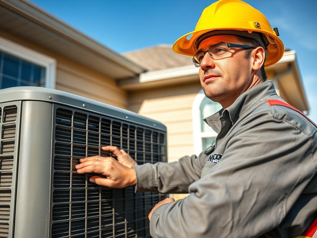 Create a highly detailed, realistic high-resolution photograph showcasing a single HVAC technician in action, emphasizing the importance of timely HVAC service for homes in Oklahoma City. The technician should be wearing a branded uniform and safety gear, confidently repairing or inspecting an air conditioning unit located outside a suburban home. 

The composition should focus on the technician as the central subject, illuminated by natural sunlight, with a clear, simple background illustrating the home's 