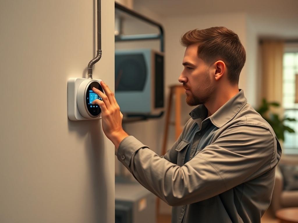 Create a realistic high-resolution photo depicting a professional technician focused on optimizing a York mechanical setup in a residential environment. The technician should be shown adjusting a modern thermostat on the wall, demonstrating practical guidance for optimal performance. The composition should be simple and clear, featuring only the technician as the subject, dressed in a clean uniform with tools visible on a nearby workbench. The background should be softly blurred to emphasize the technician 