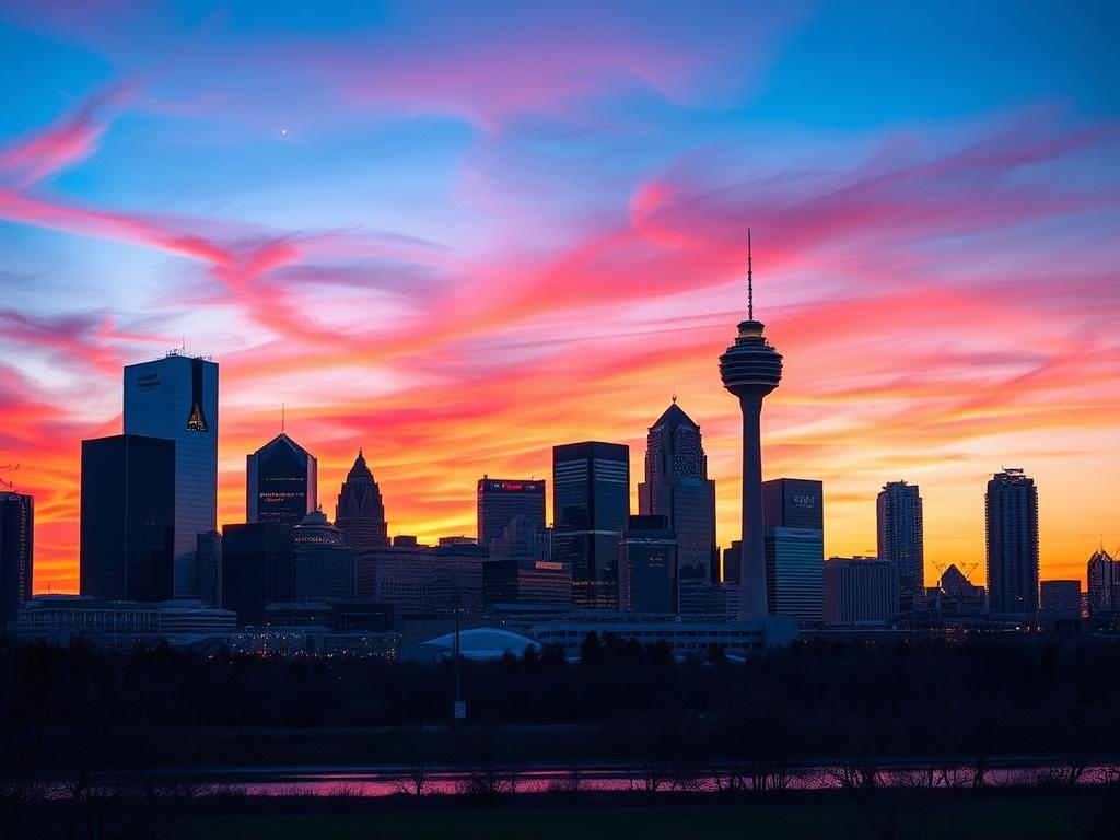 Create a realistic high-resolution photo featuring the Dallas skyline as the central subject. The composition should be simple and clear, focusing on the iconic buildings and structures that define the skyline. Include prominent landmarks such as the Dallas Arts District and the distinctive silhouette of the Reunion Tower. 

In the foreground, include subtle elements like silhouettes of trees or a calm water reflection to add depth while keeping the skyline as the main focus. The background should showcase 