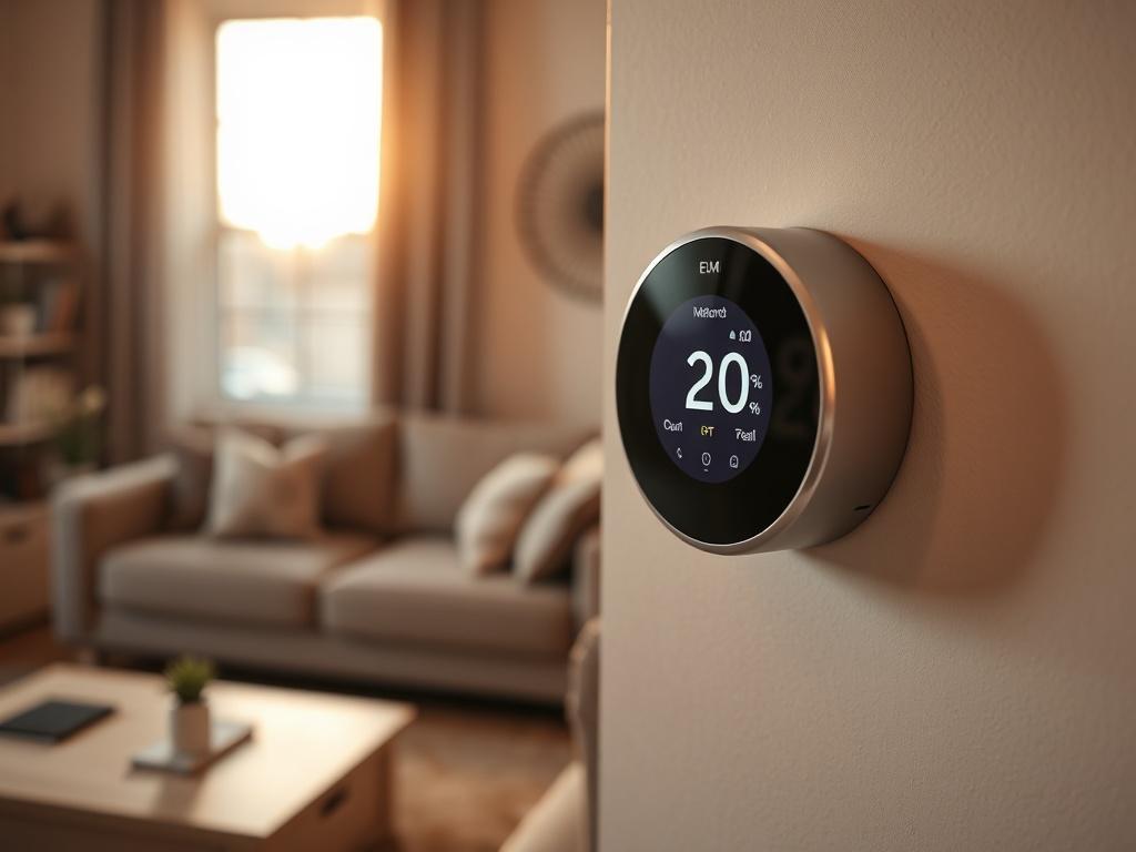 Create a realistic high-resolution image that captures the essence of a residential heating and cooling system challenge in Edmond homes. 

**Composition:** The image should feature a close-up shot of a thermostat on the wall of a cozy living room. The focus should be on the thermostat display, showing a low temperature setting, symbolizing a struggle for comfort. The surrounding area should be warmly lit, conveying a sense of home.

**Subject Matter:** The subject is a sleek digital thermostat, showcasing 