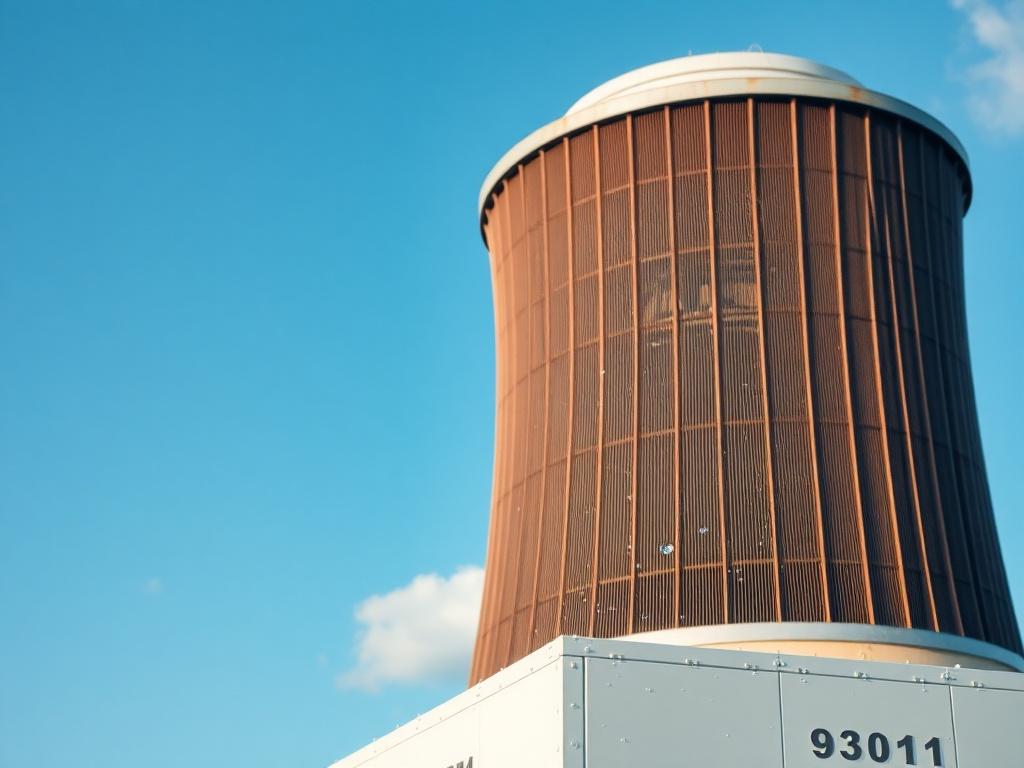 Create a realistic high-resolution photo of a cooling tower, depicted as the sole subject in the image. The cooling tower should be shown in a close-up shot, highlighting its structure and functionality, with a focus on the cooling fins and water flow portions to emphasize its operational details. Use a hyper-realistic style with a shallow depth of field, similar to that produced by a 45mm f/1.2 lens, which will blur the background slightly while keeping the cooling tower sharp and vivid.
The background sh