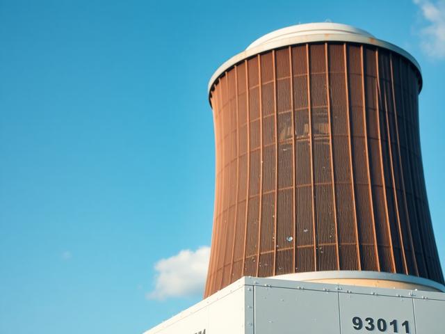 Create a realistic high-resolution photo of a cooling tower, depicted as the sole subject in the image. The cooling tower should be shown in a close-up shot, highlighting its structure and functionality, with a focus on the cooling fins and water flow portions to emphasize its operational details. Use a hyper-realistic style with a shallow depth of field, similar to that produced by a 45mm f/1.2 lens, which will blur the background slightly while keeping the cooling tower sharp and vivid.

The background sh