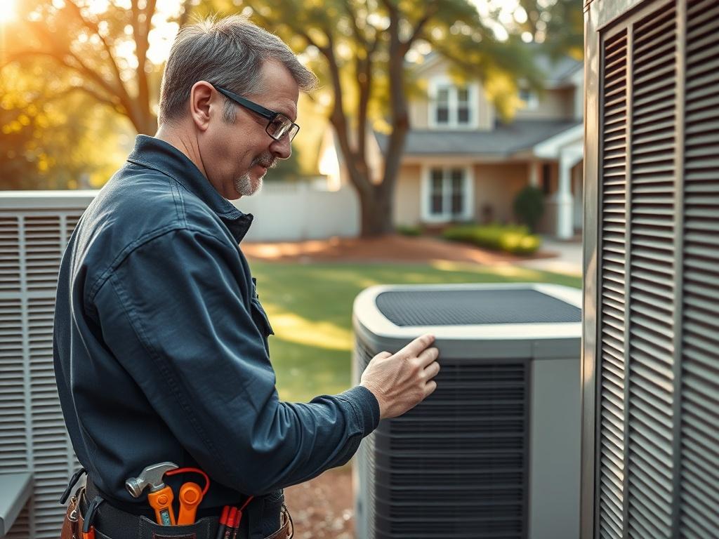 **Prompt for AI Image Generator:**

Create a highly detailed, realistic high-resolution photo that effectively represents the blog titled "Edmond HVAC Problems Solved: What Works and What Doesn’t". The composition should feature a single subject: a skilled HVAC technician at work. 

The technician, a middle-aged man with a friendly demeanor, is shown inspecting a modern air conditioning unit in a residential setting. He wears a dark blue uniform and safety goggles, with a tool belt equipped with various HVA