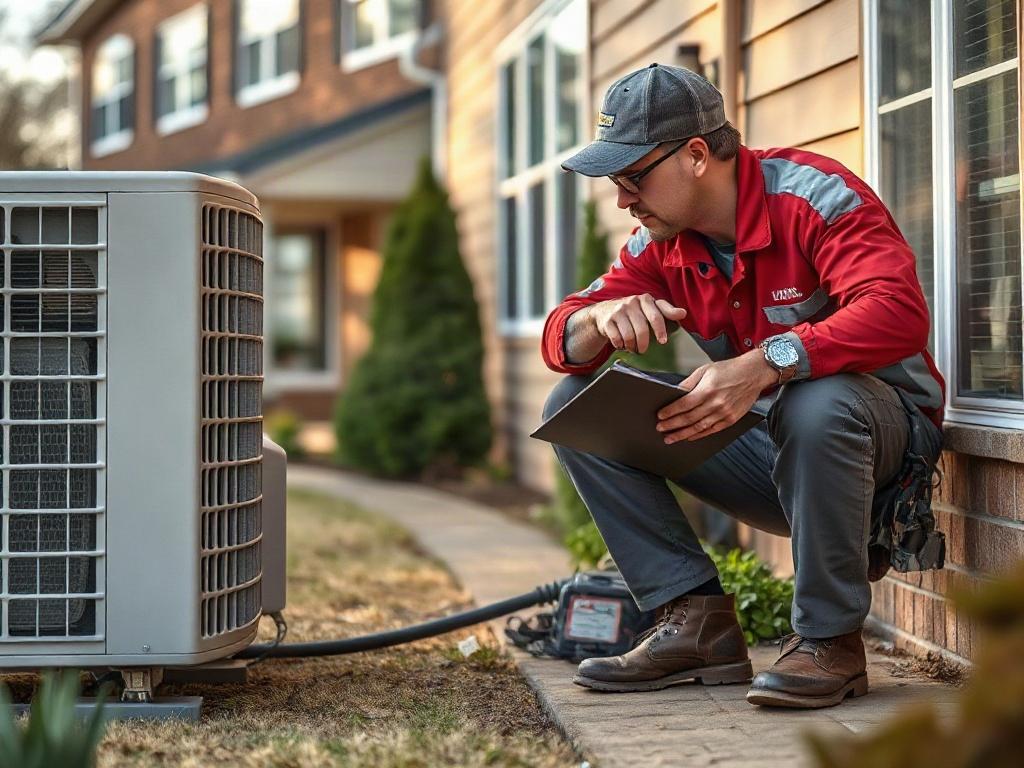 Create a realistic high-resolution photo that illustrates the theme of common AC installation mistakes made by homeowners. The composition should feature a close-up shot of a professional HVAC technician crouching next to an air conditioning unit. The technician, dressed in a branded uniform, is inspecting the installation with a clipboard in hand, looking focused and meticulous. 

In the background, show a residential setting typical of Edmond, with a well-maintained home and surrounding greenery. Ensure t