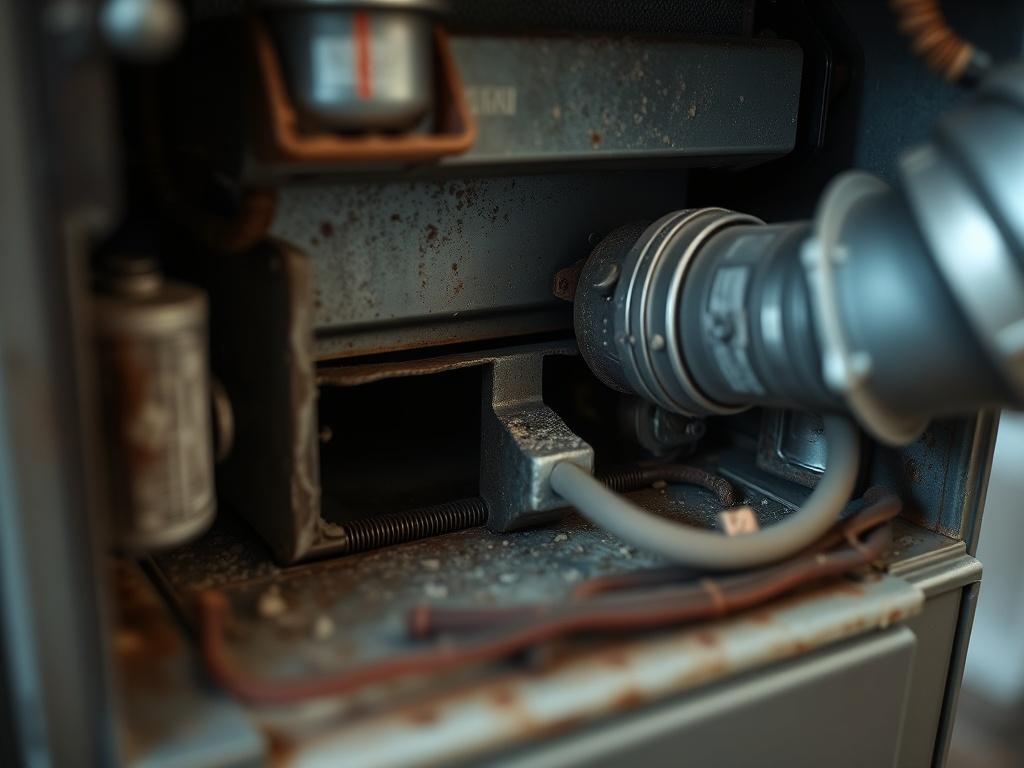 Create a realistic, high-resolution photograph that visually represents the blog titled "Why We Get So Many Heating Repair Calls After the First Cold Night." 

**Composition:** The composition should be simple and clear, featuring a single subject: a close-up shot of a heating unit or furnace in a home setting. Ensure that the photo captures the intricate details of the heating system, showcasing its age and wear—highlight aspects like rust, dust, or signs of disrepair that signify it has sat unused for mon