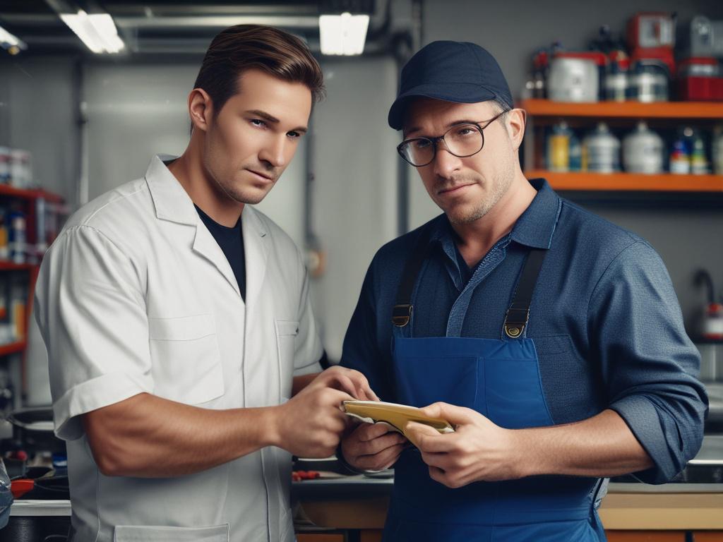 Create a realistic high-resolution photo featuring a heating repair technician as the main subject. The technician should be a mid-30s male or female with a focused expression, wearing a professional uniform that displays the logo of a heating repair service. The expert should be crouched down, inspecting the internal components of a residential heating unit, such as a furnace or boiler, showcasing attention to detail. 

In the foreground, include clear close-up elements of their tools and equipment, such a