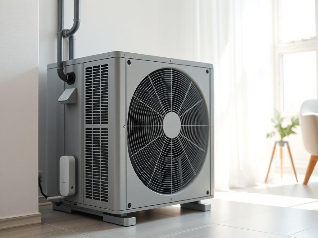 Generate a realistic high-resolution photo that encapsulates the theme of "HVAC Systems Made Simple: One Page, No Fluff." The composition should focus on a single subject: an intricately designed HVAC unit prominently placed in the foreground. The HVAC unit should be modern and sleek, showcasing its essential components like the compressor, condenser, and air filter, presented in a way that highlights their function without overwhelming detail.

The background should be a clean, minimalistic home environmen