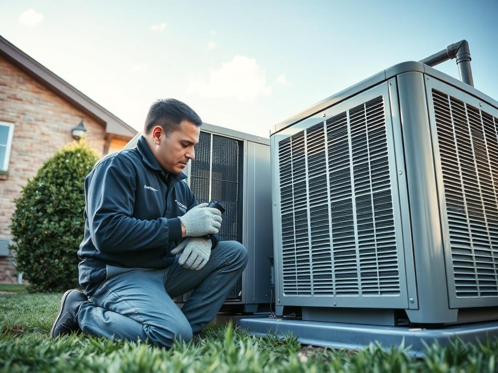 Create a realistic high-resolution photo of a skilled HVAC technician conducting a routine inspection on an HVAC unit in an residential setting, specifically designed for a blog titled "The Real Reason HVAC Systems in Mustang Need More Frequent Checks." 

The composition should be simple and clear, focusing on the technician as the sole subject. The technician should be shown kneeling beside a standard outdoor HVAC unit, carefully inspecting it with a flashlight or a screwdriver in hand. He should appear en