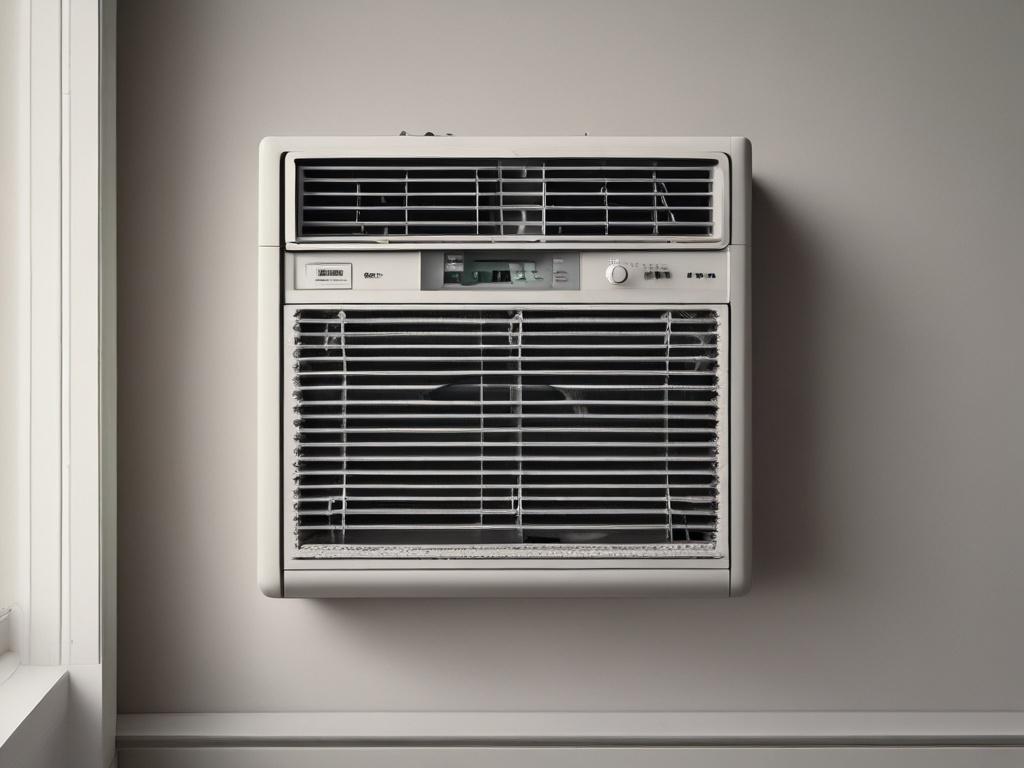 Create a realistic high-resolution close-up photo of an air conditioning unit’s dirty filter and clogged coils. The image should focus sharply on the dirty filter material and the grime-covered coils behind it, highlighting dust accumulation and debris buildup. Use natural, diffused lighting to emphasize texture without harsh shadows, shot with a 45mm f/1.2 lens to achieve a shallow depth of field that keeps the filter and coils crisply in focus while softly blurring the background. The composition should b