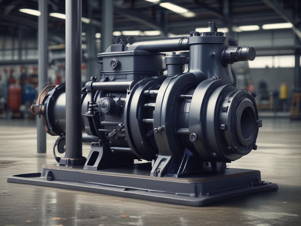 Create a realistic high-resolution close-up photo of a single industrial water pump in operation, captured with a 45mm f/1.2 lens for a shallow depth of field. The pump should show visible signs of wear, such as slight rust or oil residue, indicating early failure. The focus is sharply on the pump’s central working parts, like the motor housing and inlet/outlet pipes. Subtly highlight elements that suggest issues: faint steam or heat vapor rising, slight vibration blur on adjoining pipes, and a small drip o