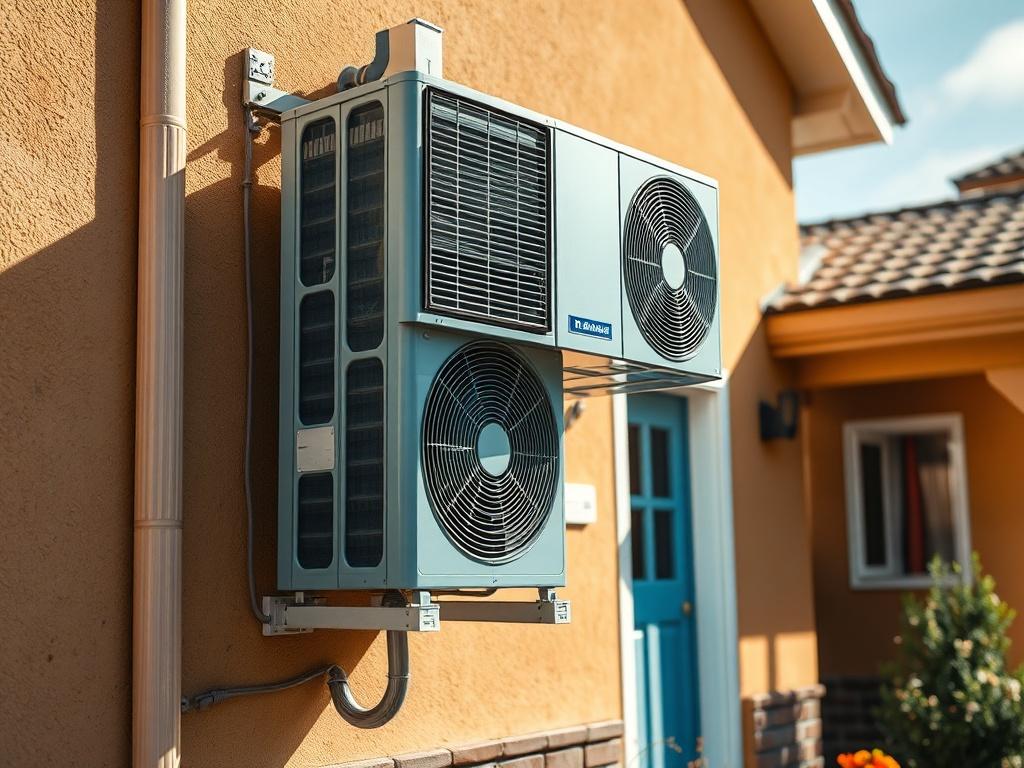 Create a realistic high-resolution image of an air conditioning unit installed outside of a home. The composition should focus on a single air conditioning unit that is visibly mismatched to the home's aesthetics and size. The AC unit should appear oversized for the small house, emphasizing the disconnect between the two. Capture this scene in a close-up style, ensuring that the details of the unit and the surrounding environment are sharp and vivid.

The background should feature a modest home façade, idea