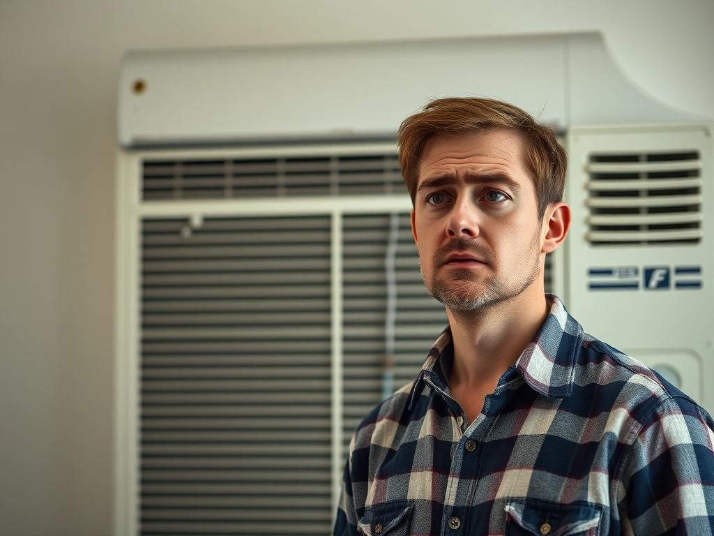 Create a realistic high-resolution photo of a confused white man standing in front of a broken air conditioner. The man should be in his late 30s, with short brown hair and wearing a casual plaid shirt. His expression reflects confusion, with raised eyebrows and a slight frown, as he looks towards the broken air conditioning unit. 

The air conditioner should be prominently featured, showcasing visible signs of malfunction, such as a small leak and discolored panels. The background should be a plain, slight