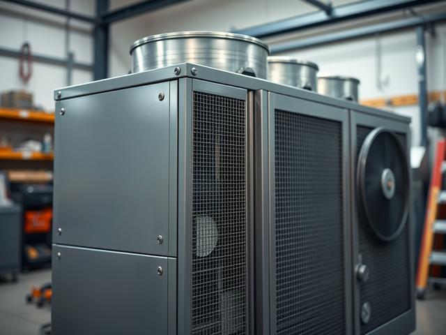 Create a realistic high-resolution close-up image that focuses on a commercial chiller unit in need of service. The composition should be simple and clear, showcasing the chiller's metallic texture and intricate components. Make the chiller the sole subject in the image, highlighting its essential features such as the condenser coils and control panels. 

Capture the scene as if taken with a 45mm f/1.2 lens, ensuring a shallow depth of field that blurs the background slightly while keeping the chiller in sh