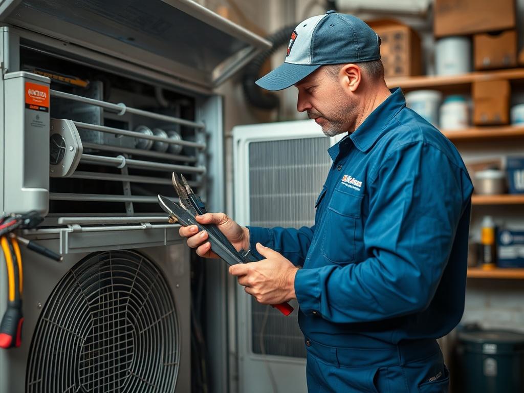 Create a realistic high-resolution photo that encapsulates the theme of "Quick Fix or Major Repair? Oklahoma City HVAC Explained." The composition should be simple and clear, focusing on a single subject: a skilled HVAC technician in action. The technician should be wearing a company-branded uniform, complete with a cap, and holding a set of tools in one hand, examining an air conditioning unit that is slightly open. 

The background should feature a moderately cluttered workshop environment, with tools, HV